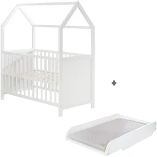 Kinderbett, Hausbett 60 x 120 cm, FSC zertifiziert, weiss, 6-fach verstellbar, als Baby- & Beistellbett komplett mit Wickelplatte