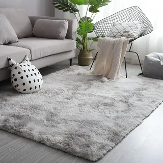 Modern Hochflor-Teppich 160 x 230 cm Grau-Weiß - Flauschiger Weicher Teppich - Wohnzimmer Kinderzimmer Dekoration - Schlafzimmer Flur Läufer - Hochflor Außenteppich - Imitationsfell Shaggy Einfarbig Bettteppich.