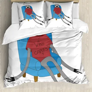 ABAKUHAUS Faultier Bettbezug, Städtische Sloth Who Cares, Milbensicher Allergiker geeignet mit Kissenbezügen, 155 cm x 220 cm - 80 x 80 cm, Blau, Grau, Rubin