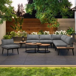 Flieks Gartenlounge-Set Gartenmöbel-Set 6-tlg., Balkonmöbelset für 6 Personen, Gartensofa mit 2 Gartentisch, Gartengarnitur Terassenmöbel mit Kissen - Grau