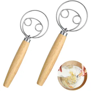Elegaperma 2 Stück Danish Dough Whisk, Teigrührer mit Holzgriff in 2 Größen, teigkneter hand, dänischer schneebesen für Kuchen, Brot, Gebäck oder Pizzateig, Brotteig Schneebesen