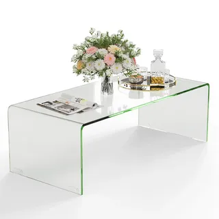 COSTWAY Couchtisch aus gehärtetem Glas, U-förmiger Beistelltisch, Moderner Glastisch, Wohnzimmertisch Kaffeetisch, für Wohnzimmer Büro Hotel, 108 x 50 x 35 cm - Transparent
