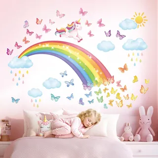 DECOWALL SG2-2309 Regenbogen Wandtattoo Einhorn Wandaufkleber Wolken Schmetterlinge Mädchen Kinder Wandsticker für Mädchenzimmer Kinderzimmer Babyzimmer Wanddeko