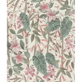 Rasch Tapete 538212 - Helle Vliestapete mit Blättern und Pflanzen in Rosa und Grün aus der Kollektion Curiosity - 10,05m x 0,53m (LxB), Weiß