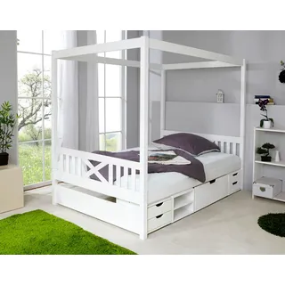 TICAA Himmelbett Lino 140 x 200 cm Kiefer massiv weiß