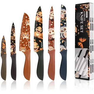 JunJing 6 PCS Buntes Küchenmesser Set in Geschenkbox, Mehrfarbig Codierte Messersets, Niedliches Kochmesser Set, Kleines Edelstahl Scharfes Kochmesser Set ohne Block für die Küche