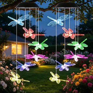 2STK Solar Windspiel Garten, Libellenform Solarlampen für Außen Garten Balkon Deko Wetterfest, Solar Windspiele für Draußen Hängend, Terassendeko Solarleuchten Geschenke für Frauen Mama Oma