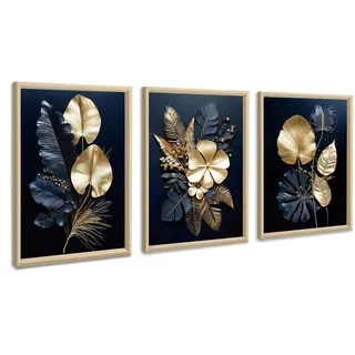 3 Pcs Leinwandbilder Bilder mit Rahmen Marineblau Gold Blumen Kokosnussblatt bild auf leinwand Wandkunst Wandbilder Kunstdruck Deko für Wohnzimmer Schlafzimmer fertig zum Aufhängen 30x40cm x3 Pcs