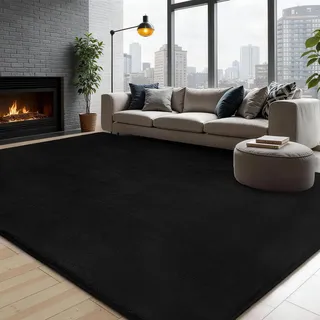 Flauschiger Wohnzimmerteppich, großer Teppich für Schlafzimmer, waschbarer Shaggy-Teppich mit rutschfester Unterseite, moderner Innenraumteppich für Arbeitszimmer, Jugendzimmer,140x200 cm, Schwarz