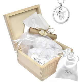 Taufe Geschenk Set Mädchen Jungen Taufkette Silber 925 Taufring mit Engel-Motiv Baby Schuhe Glückwunschkarte Märchen Schutzengel Holz Schatulle Taufe Geschenk