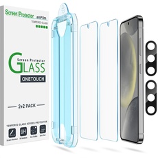 amFilm 2+2 Stück OneTouch-Schutzfolie für Samsung Galaxy S24 5G, Härte 9H mit Kameraobjektivschutz aus Gehärtetem Glas, Einfachste Installation und Blasenfrei