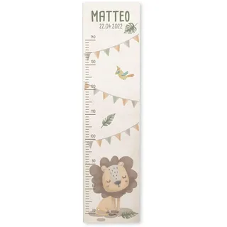 Personalisierte Messlatte für Kinder mit buntem Wunschdruck - 70-140 cm - Größenmesser Kinderzimmer aus Holz - Wand Dekoration Messleiste Kind - Personalisiertes Geschenk Baby (Löwe)