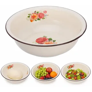 Hemobllo Emaille Schüssel 30cm - Vintage Rührschüssel mit Blumenmuster - Große Retro Waschschüssel für Teig, Obst & Salate - Kratzfeste Emaille-Schale im Landhausstil (Beige)