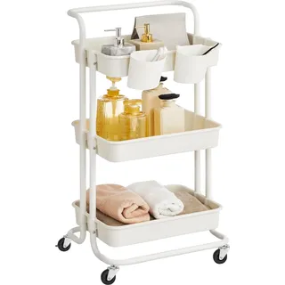 Trolley Hanna - 3 Ebenen - Servierwagen - Küchentrolley - Mit Griff - 2 Kleine Hängeregale - 2 Bremsen - Kunststoff Aufbewahrungsfächer - Weiß - Weiß