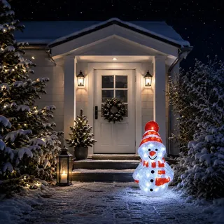 Acryl Schneemann 80 LEDs kaltweiß Außenbeleuchtung Weihnachten - Rot