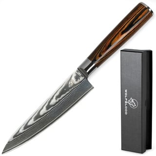 Wolfblood Damastmesser Damast-Küchenmesser L(26cm) Profi Küchenmesser aus echtem 67 Lagen Damaststahl I Damast-Kochmesser Chefmesser mit Holzgriff Geschenkbox & Klingenschutz