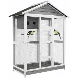 PawHut Vogelvoliere aus Holz Vogelkäfig groß Wellensittichkäfig mit 4 Sitzstangen, Vogelbauer mit Ausziehbarer Bodenwanne, Vogelhaus für Kanarienvögel, Tanne, 112 x 68 x 154 cm - Weiß