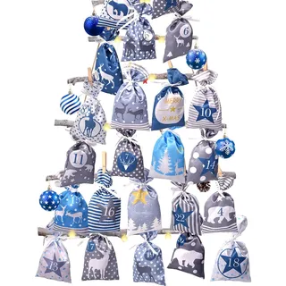 Adventskalender zum Befüllen Stoffbeutel, 24 stoffsäckchen Kette zum selber Basteln und Aufhängen, 2025 Weihnachtskalender zum selbst füllen mit Blau Grau Stoff Säckchen für Kinder junge männer