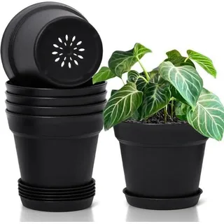 T4U 16cm Kunststoff Blumentopf Set, Mehrere Ablauflöcher, Rund Pflanzkübel für Innen und Balkon, Schwarz - Schwarz