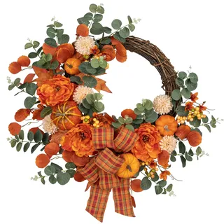 24"/61 cm Türkranz Herbst Künstlich Kürbis Kranz Herbstkranz mit Kürbis | Pfingstrose und Schleife, Herbstkranz für Halloween, Thanksgiving-Kranz-Ideen für Ihre Haustür, Innen-und Außendekoration