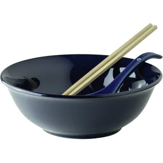 JADE TEMPLE Suppenschalen Set für 1 Person, 4-teilig, aus Porzellan, dunkelblau, Suppenschalen Set mit Essstäbchen & Löffel im asiatischen Stil, geeignet für Ramen Suppe, Snacks & Miso, Geschenkset
