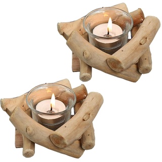 Sziqiqi Rustikale Kerzenständer Teelichthalter Holz 2er Set, Kerzenhalter Vintage mit Glas Tasse Windlicht Treibholz Deko Kerzenleuchter für Wohnzimmer Hochzeit Esstisch Tischdeko