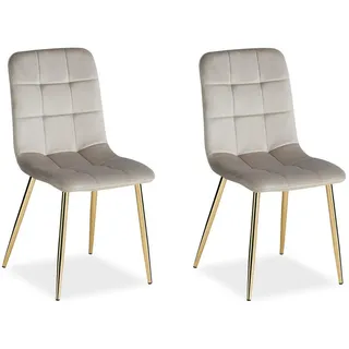 Homestyle4u Esszimmerstuhl 2er Set Polyester Beige/Grau/Samt Gold