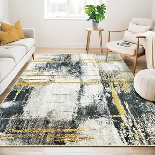 Zhaotingrui Teppich Wohnzimmer Beige 120x180cm, Teppich rutschfest Kurzflor Flauschig, Teppiche Gegend Weich Abstrakt Modern für Wohnzimmer, Schlafzimmer, Esszimmer, Grauer&Gold