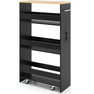 FANTASK 20cm Schmaler Nischenwagen, 4 Etagen Küchen-Servierwagen mit Ladestation, Rollendes Holzregal mit Griff & Geländer, Badregal für Küche & Badezimmer (Schwarz)