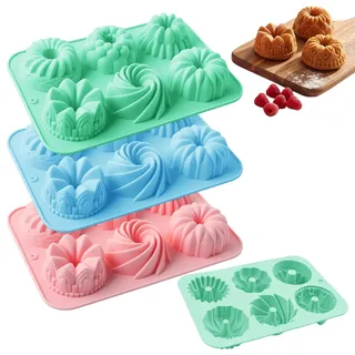 3 Stück Mini Gugelhupfform Silikon mit 18 Mulden Ø 6 cm, für Muffins Bagels | Mini Silikon Gugelhupfform Backformen Wiederverwendbar, mit Antihaftbeschichtung, Spülmaschinenfest (Rosa, Blau, Grün)
