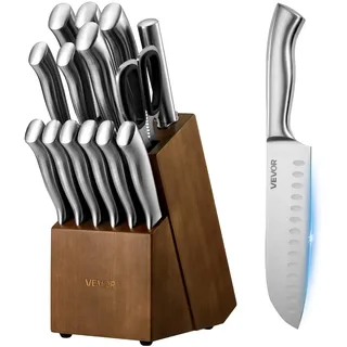 VEVOR Küchenmesserset mit Messerblock (Holz) & Wetzstahl, 15-tlg. Messerset aus scharfen Messern aus hochkohlenstoffhaltigem Edelstahl, Küchenbesteck mit ergonomischem Griff, für Hobbyköche