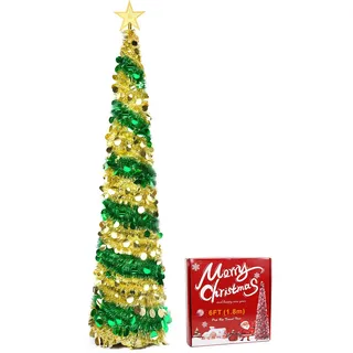 Künstlicher Weihnachtsbaum mit Ständer, 1.8m/6ft Zusammenklappbarer Pop-up Weihnachtsbaum mit Pailletten für Weihnachten, Partybedarf, Haus Dekoration, Golden Grün