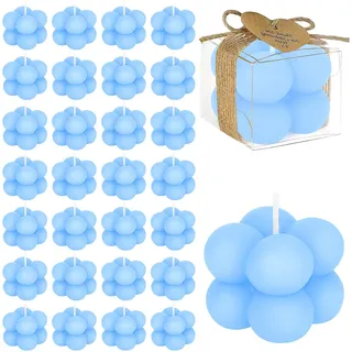 30er Set Blau Bubble Kerze für Babyparty Gastgeschenke, Mini Duftkerzen mit Karten & Trockenblumen, Kleine Sojawachs Candle Aromatherapie für Hochzeit Taufe Babyshower Geburtstag Geschenk