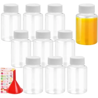 Tibapla10 Stück Mini Leere Flaschen Kunststoff, 100ml Kunststoffflaschen mit Deckel, Wiederverwendbare Saftflaschen, Transparent Plastikflaschen mit Aufklebern und Trichter