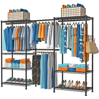 VyGrow Schwerlast Kleiderstände zum Aufhängen von Kleidung, Kleiderständer mit 4 Aufhängestangen & 7 Regalen, 175 cm Lx39.9 cm Bx194.1 cm H, (Schwarz)