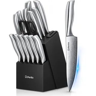 D.Perlla Messerblock, 15-TLG Selbstschärfender Messerblock mit Messer, Scharf Edelstahl Messerset Set mit Ergonomischen-Griff und Holzblock, Profi Küchenmesserset