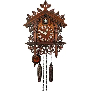 PIAOPIAO Kuckucksuhr im Schwarzwald-Stil, Wanduhr aus hochwertiger MDF-Platte mit Holzoptik, automatische Nachtstummschaltung 21:00-07:00, doppelter Kuckucksruf, ideal für Wohnzimmer Küche Büro
