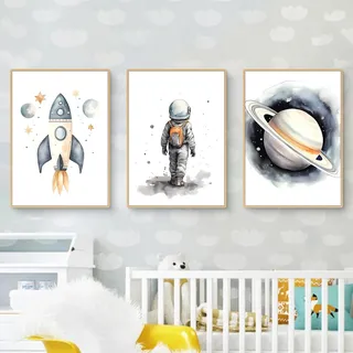 Ueiwffzo 3er Poster Set Bilder Kinderzimmer, Cartoon Astronaut Rakete Planet Wandbilder ohne Rahmen, Niedliche Wanddeko für Babyzimmer Wohnzimmer Kinderzimmer (A,30 x 40 cm)