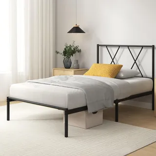 Zinus Elias Bettgestell 90 x 200 cm mit Moderne Kopfteil - Metallbett 90x200 mit Metall-Lattenrost - 30 cm Hohe Plattform mit Freiraum Darunter - Kein Boxspringbett Erforderlich - Schwarz