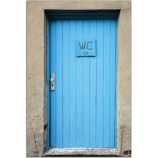 Wallario Outdoor-Poster für Garten oder Balkon, Motiv Blaue Tür einer Toilette in einer verlassenen Fabrik in Magdeburg, in ca. 61 x 91,50 cm - Blau