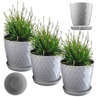 KADAX Blumentopf, Kunststoff Topf-Set mit Untersetzer, Pflanzkübel aus leichtem Material, dekorativer Kräutertopf, Topf für Blumen, Pflanzen, Kaktus und Sukkulente (Set of 3 – 18cm, grau)