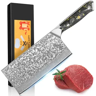 kyushublade Hackmesser Damast Küchenmesser 7 Zoll, Profi Chinesisches Kochmesser, Hack Messer 67 Schichten Damaststahl Stahlmesser-Ultra Scharfe Messer Einzigartiges Griff für Küche & Restaurant