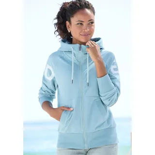 Kapuzensweatjacke ELBSAND "Kalea", Damen, Gr. S (36), aquamarine, Sweatware, Obermaterial: 95% Baumwolle, 5% Elasthan, unifarben mit Farbeinsatz, figurumspielend hüftlang, extrabreites Bündchen, Sweatjacken Kapuzensweatjacke, mit großem Logodruck hinten, bequeme Freizeitjacke mit Taschen