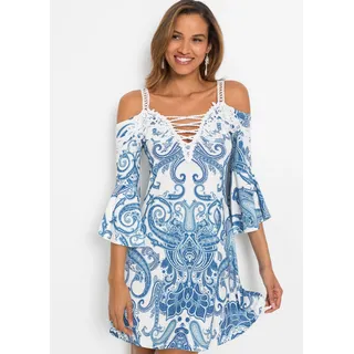 bonprix Off-Shoulder-Kleid für Partys, Off-Shoulder-Design, Halbarm, ausgestellte Passform, weiß, blau bedruckt