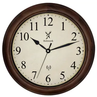 Holzwerk RADEBURG (Funk) Natur Vintage Retro Holz Funk Wanduhr Holz-Uhr Funkwanduhr Funkuhr nahezu lautloses Uhrwerk Massivholz 14 Zoll 35cm Braun Beige große Ziffern (HWN.Braun.)