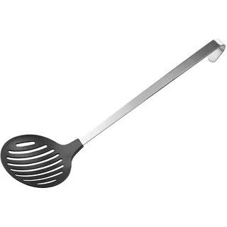 FMprofessional Abseihlöffel, Schaumlöffel mit Edelstahlgriff, Schlitzlöffel mit Funktionsteil aus Kunststoff, praktischer Schöpflöffel, hochwertige Schaumkelle (Farbe: Schwarz/Silber)