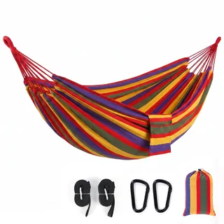 Sekey Hängematte Outdoor, 150x200cm XXL-Liegefläche, Kokon-Effekt Baumwollhängematte, Tragkraft bis 200 kg, inkl. Befestigungsgurte & Karabiner, Tragetasche für Garten, Balkon & Camping, Regenbogen