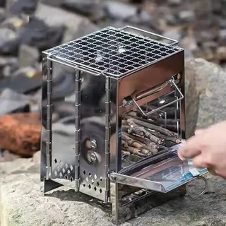 Camping Holzofen-Kocher, tragbar klappbar aus Edelstahl mit Grillplatte und BBQ-Ablage, grau