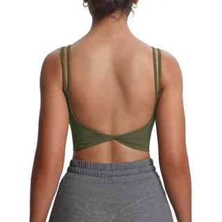 Aoxjox Damen Workout Sport BHS Fitness Gepolstert Rückenfrei Yoga Crop Tank Top Twist Back Cami, Olivgrün, small