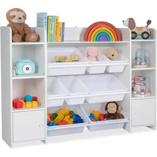 Relaxdays Kinderregal groß, 8 Boxen, viele Fächer, HxBxT: 94 x 139 x 30 cm, Kinder Spielzeugregal, Stauraum, weiß